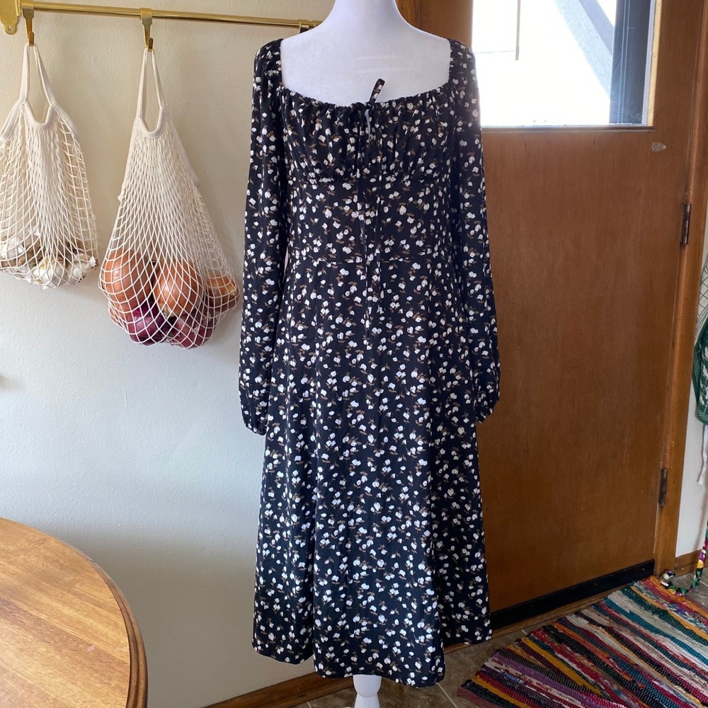 Floral Milkmaid Black Midi Dress Large Cottagecore Sundress Prairie Wedding Boho
